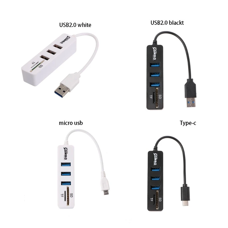 

3 Port USB 2.0 Hub Splitter Combo Micro USB Connector Cable OTG SD/TF Card Reader