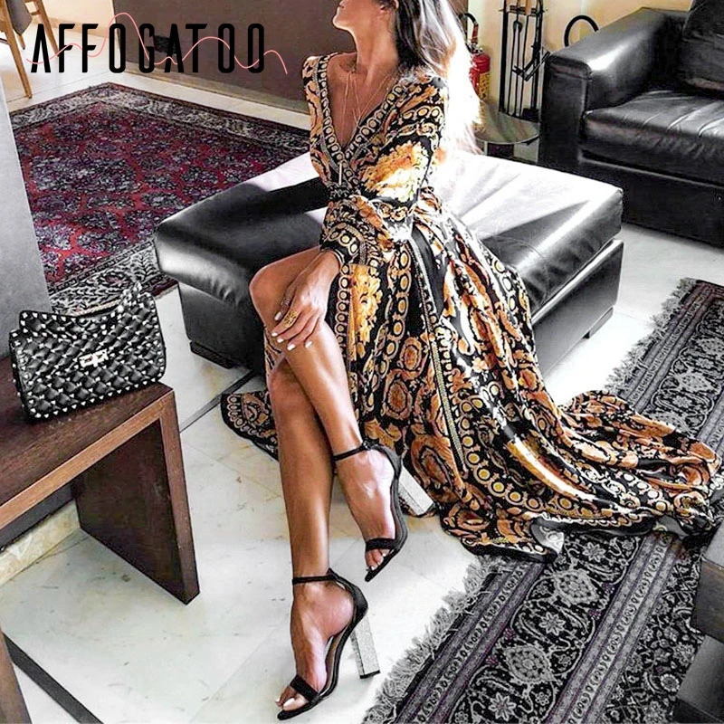 Affogatoo Vintage print gold summer long dress 2019 Elegant sleeve women V neck loose sexy party robe femme | Женская одежда