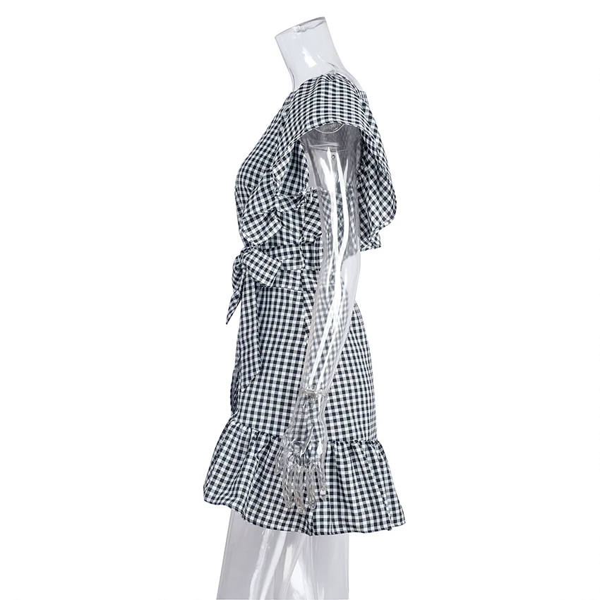 OOTN женское платье в черно-белую клетку Летнее мини-платье с рюшами женский сарафан с коротким рукавом клетчатое платье с поясом и галстуком-бабочкой на каждый день