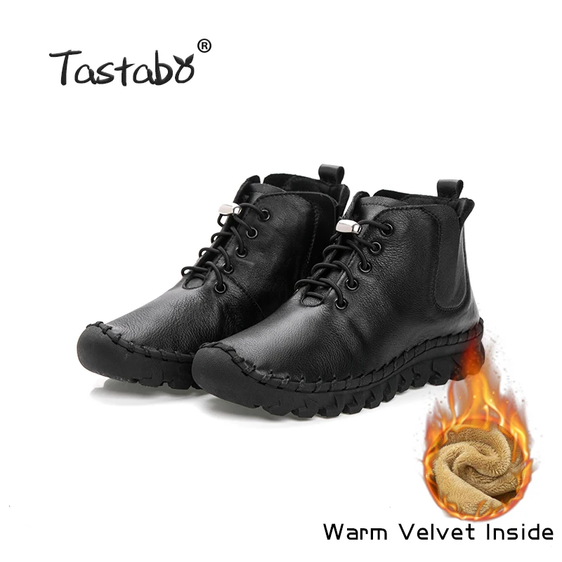 Black. winter Tastabo/ботильоны ручной работы с мехом; ботинки в стиле ретро; женская модная обувь ручной работы без шнуровки; теплые зимние женские ботинки из мягкой кожи - Цвет: Black. winter