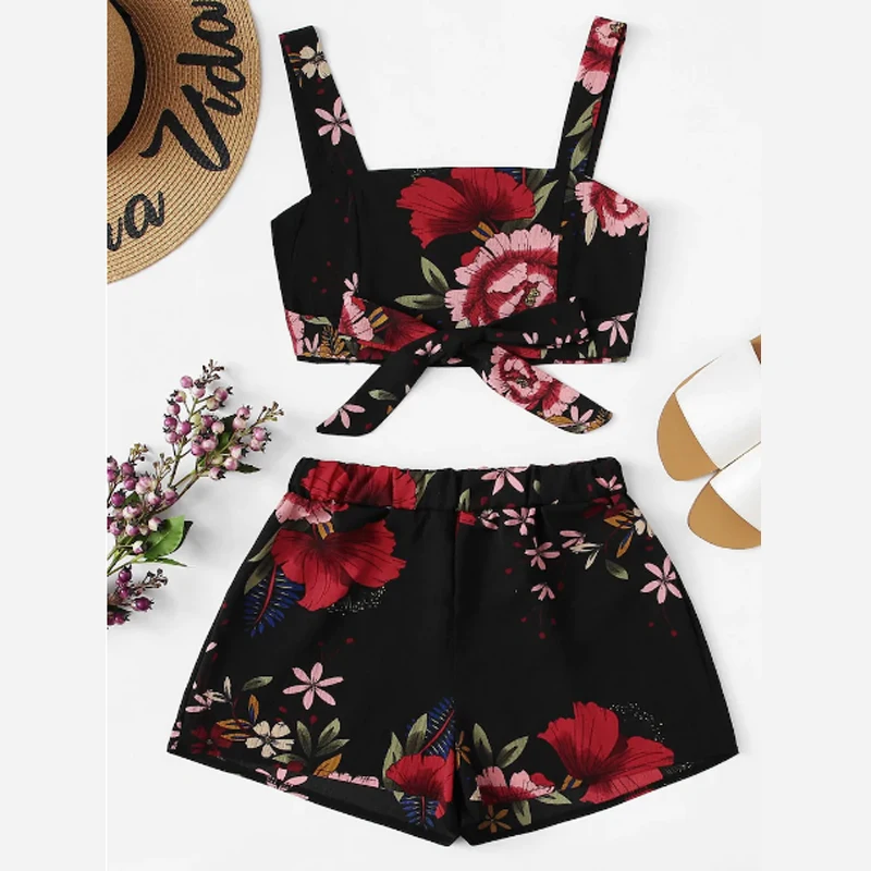 Off Shoulder Cinched Floral Set Striped Shorts Faldas Mujer Moda 2019 Crop Top Bow Summer 2 Piece Zipper |