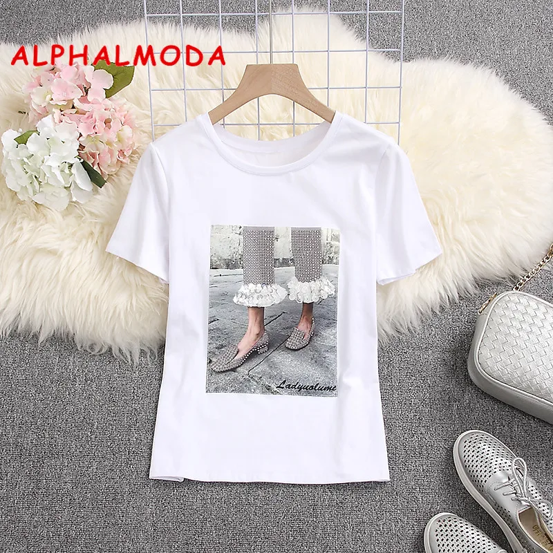 Женская футболка с блестками ALPHALMODA белая или черная коротким рукавом и