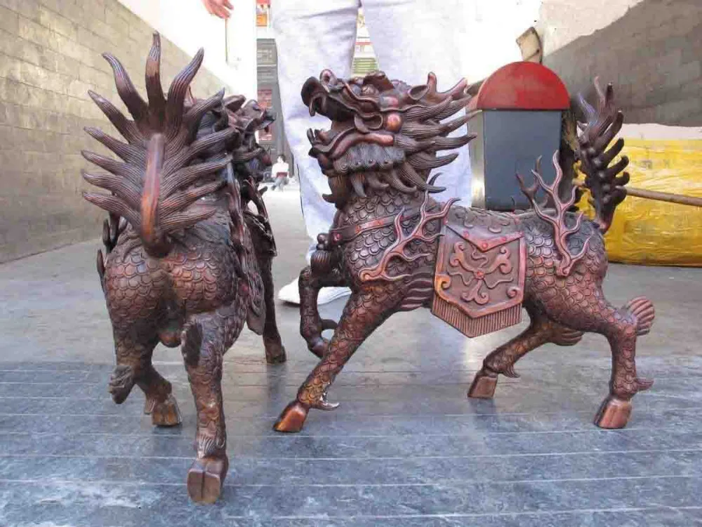 16 в китайском стиле Красный цвет бронза Медь Feng Shui зло Foo Dog Лев kylin статуя Kirin