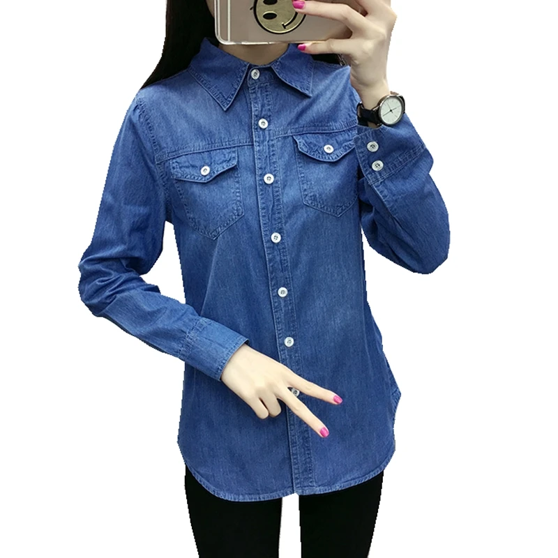 Spring Autumn women Classic basic style Turn-down Collar full-sleeve blouse pocket Button single Breasted Denim shirt casual top