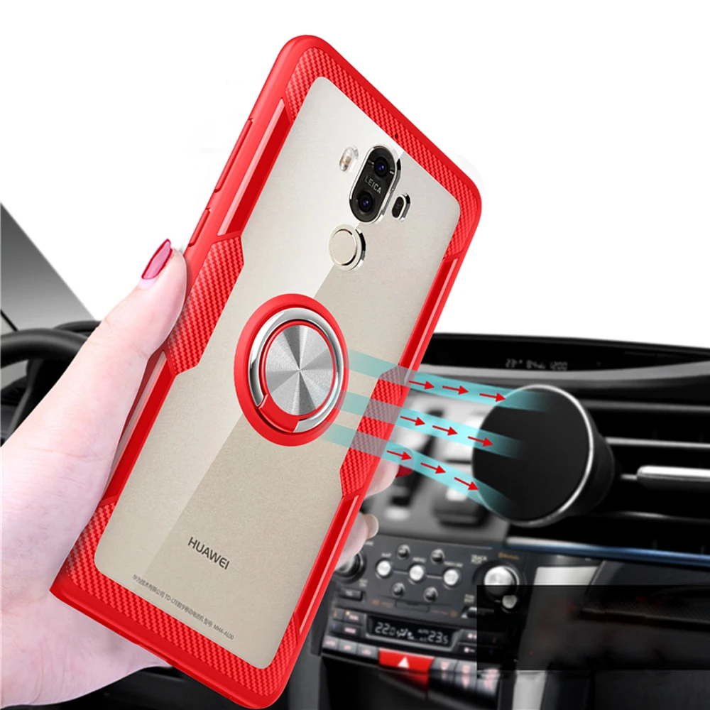 Adsorption Magnetic Car Bracket Clear Acrylic Case For Huawei mate 9 Soft Silicon Cover huawei mate9 Bumper |