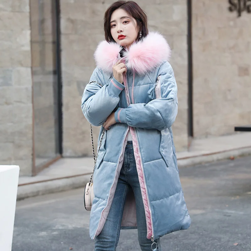 Light blue Женские зимние парки, новинка, вельветовые Длинные куртки, пуховики с хлопковой подкладкой, парки с большим меховым воротником, свободные стильные куртки - Цвет: Light blue