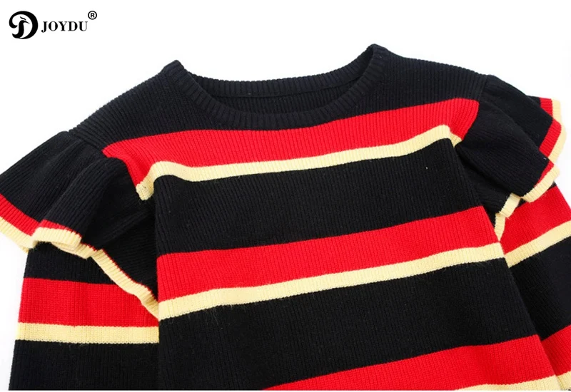JOYDU Sweater For Women 2018 Winter Runway Design Ruffles Patchwork Wool Knitted Sweaters Red Black Striped Slim Pullover Jumper | Женская