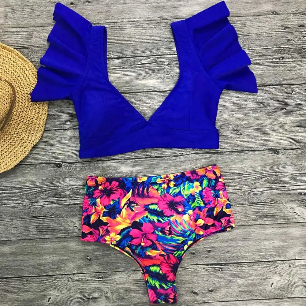 Женский бикини с высокой талией цветочным принтом однотонный топ синий