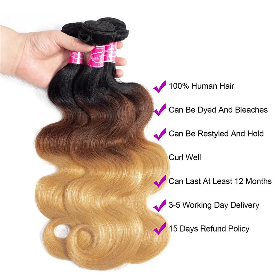 Ali Natural Ombre Body Wave Hair Brazilian 1B/4/27 Color 100% Human Extension one bundles Double Weft | Шиньоны и парики