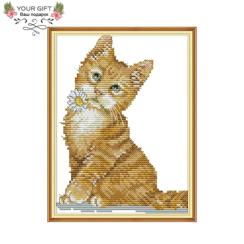 

Joy Sunday DA199 14CT 11CT Counted and Stamped Home Decor The cat bites the flower Needlework Needlepoint Cross Stitch kits