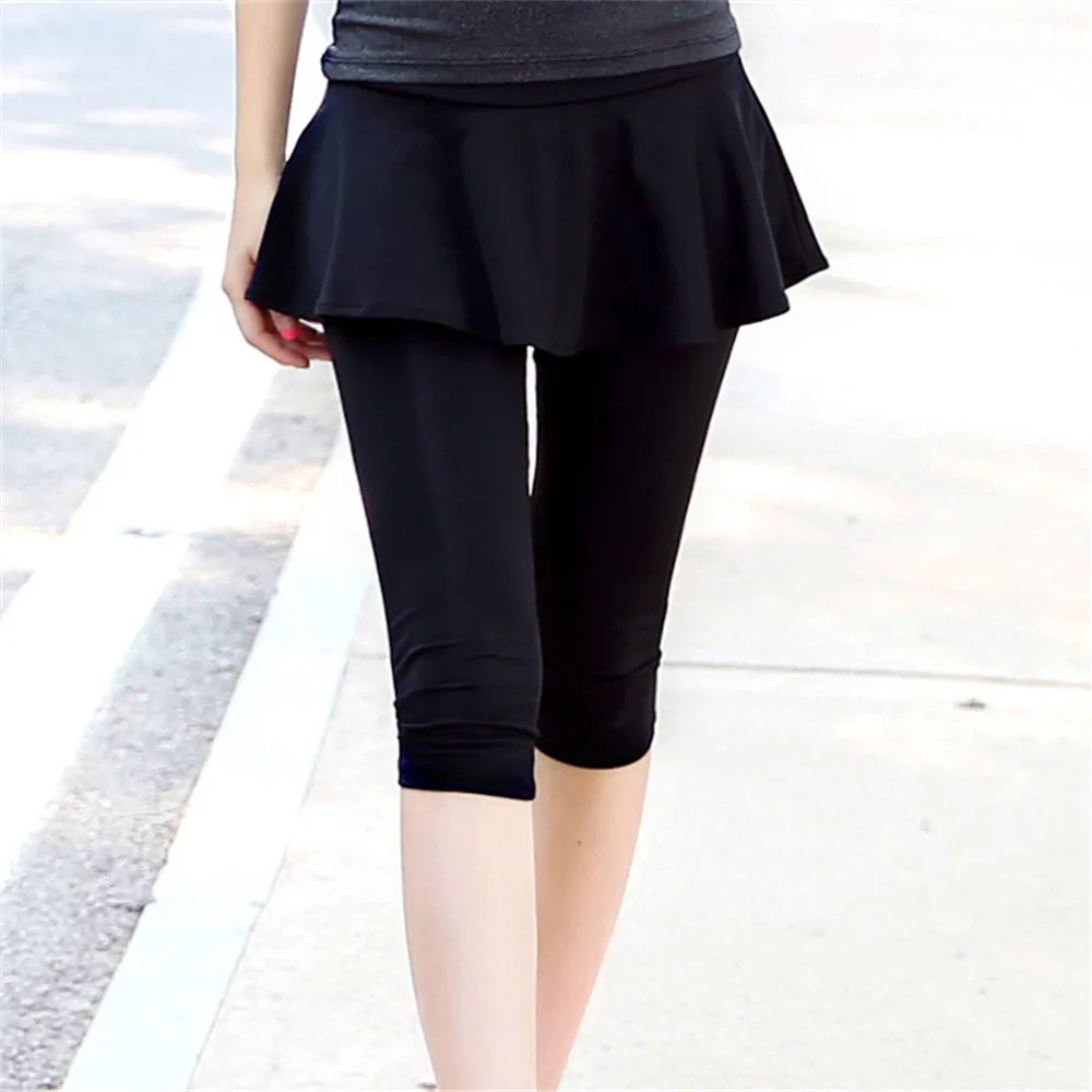 

Women Running Compression Tights Hips Fake Two Pieces Fitness Calf-length Girls Black Pants Female Quick Dry Elastic Trousers