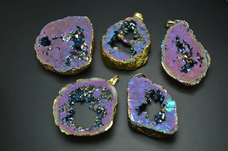 Радужный цвет титановое покрытие Geode Drusy ломтик свободной формы плита каменная