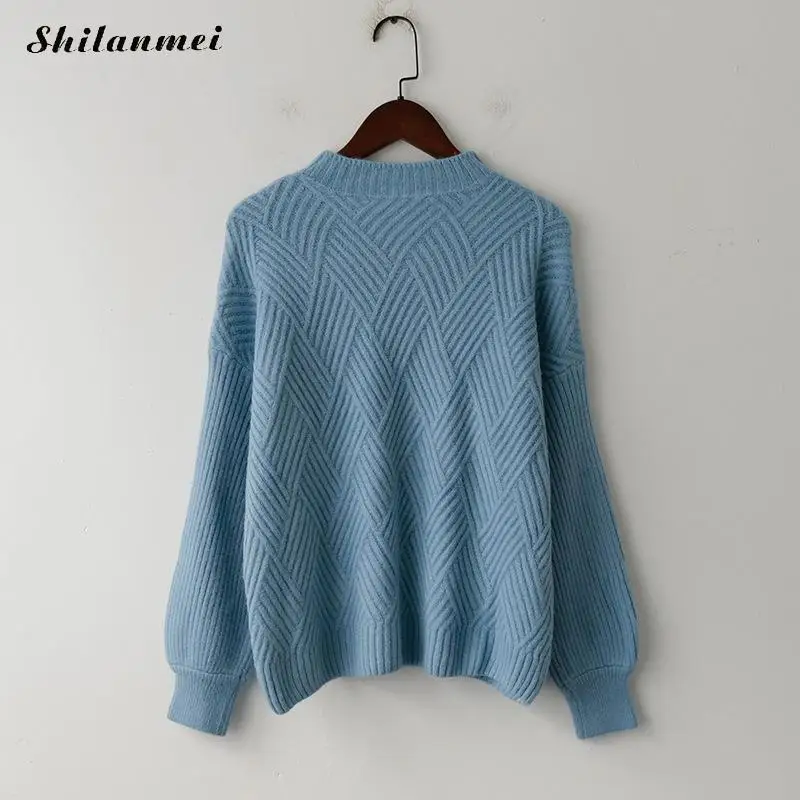 2018 Winter Autumn Oversized Knitted Cashmere Sweater Women Lantern Sleeve Thicken Pull Femme Causal Slim Jumper Tops | Женская одежда
