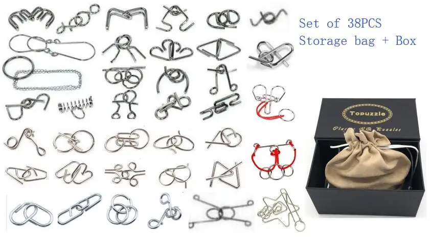 38PCS Box Packing Классический Металлический Набор пазлов, обучающая Волшебная проволочная головоломка, паззлы, игры, игрушки, решение для детей и взрослых - Цвет: 38PCS Box Packing