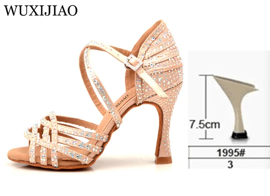 Skin heel 7.5cm WUXIJIAO/женские вечерние туфли для сальсы и бальных танцев; туфли для латинских танцев; большие и маленькие стразы; блестящая кожа; черный атлас; Каблук 9 см - Цвет: Skin heel 7.5cm