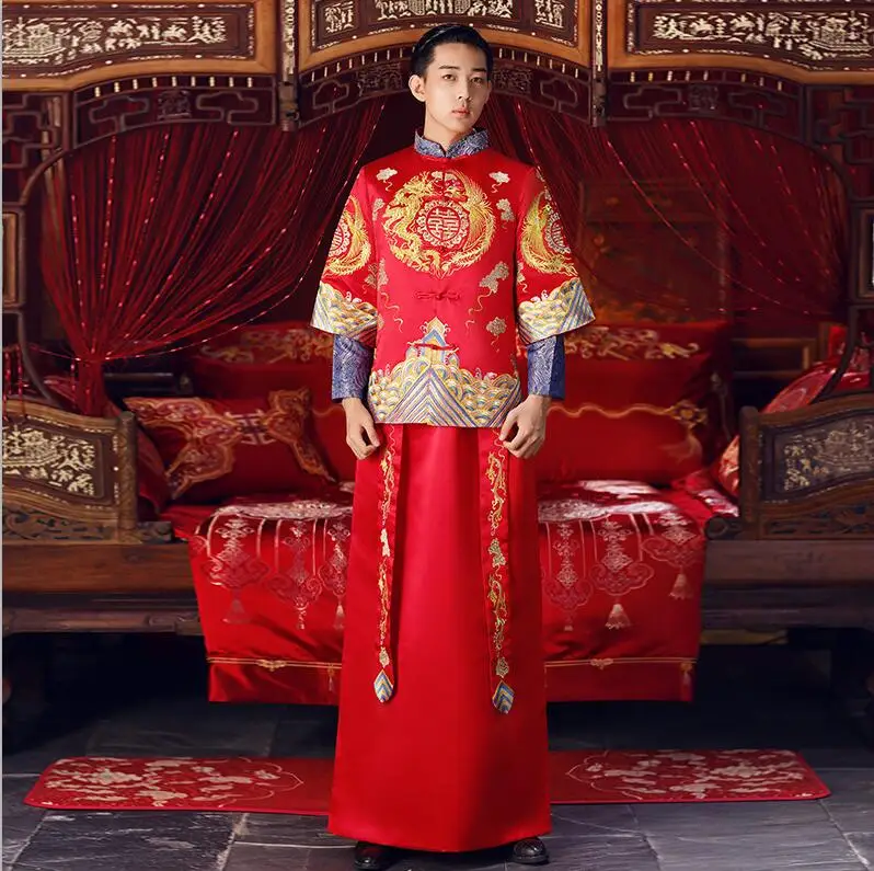 men dress Традиционная китайская одежда для невесты, свадебное платье в стиле пратенсис, женское платье с драконом, тонкое платье чонсам, красное свадебное платье для пары, Халат - Цвет: men dress