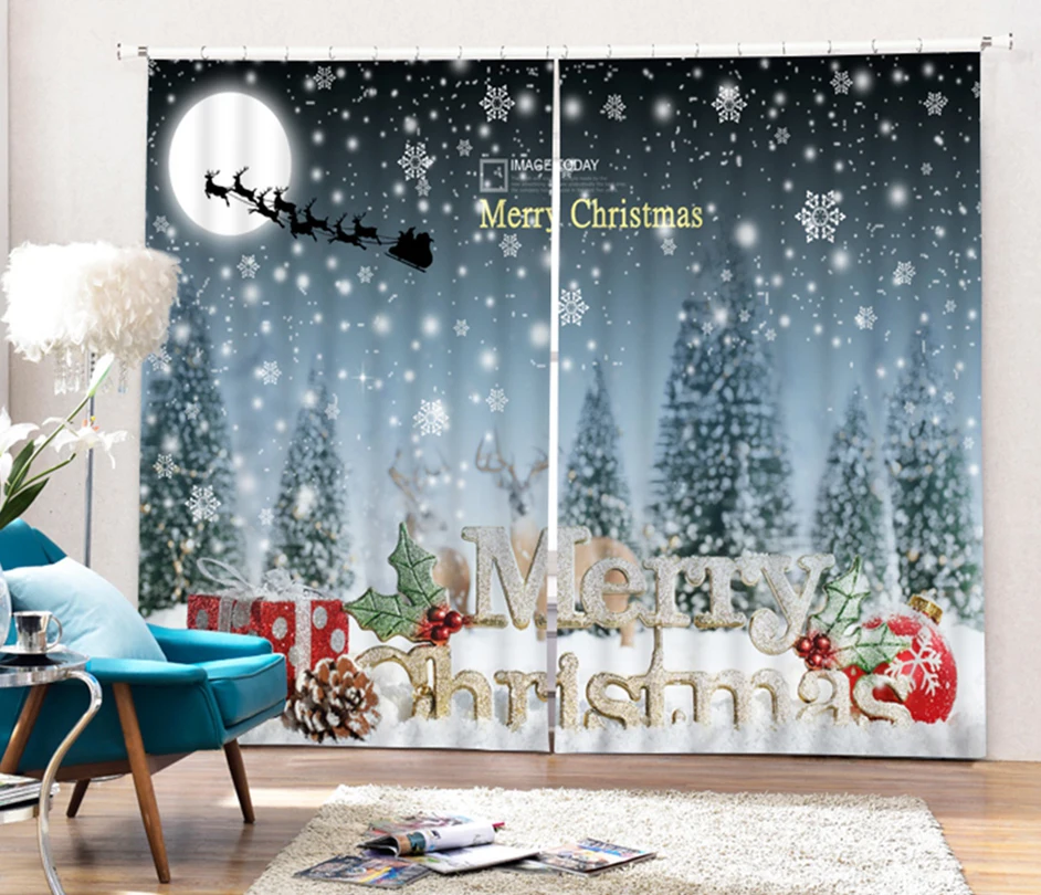 Рождественская мультяшная занавеска Снежная сцена елка шары Рождественский
