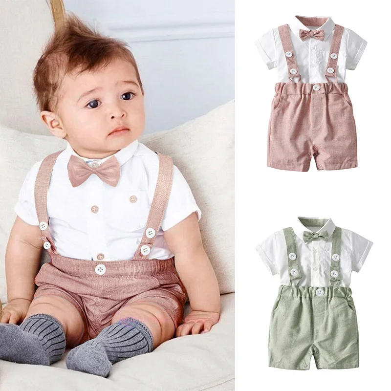 

Newborn Baby Boy Summer Formal Clothes Set Bow Wedding Birthday Boys Overall Suit White Shirt Toddler Gentleman Outfit