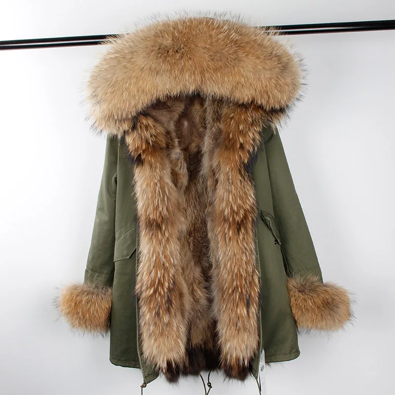 2022 New Winter Women Large Raccoon Fur Collar Hooded  Real Fox Fur Liner Coat Black Army Green Parkas  Outwear Jacket enlarge