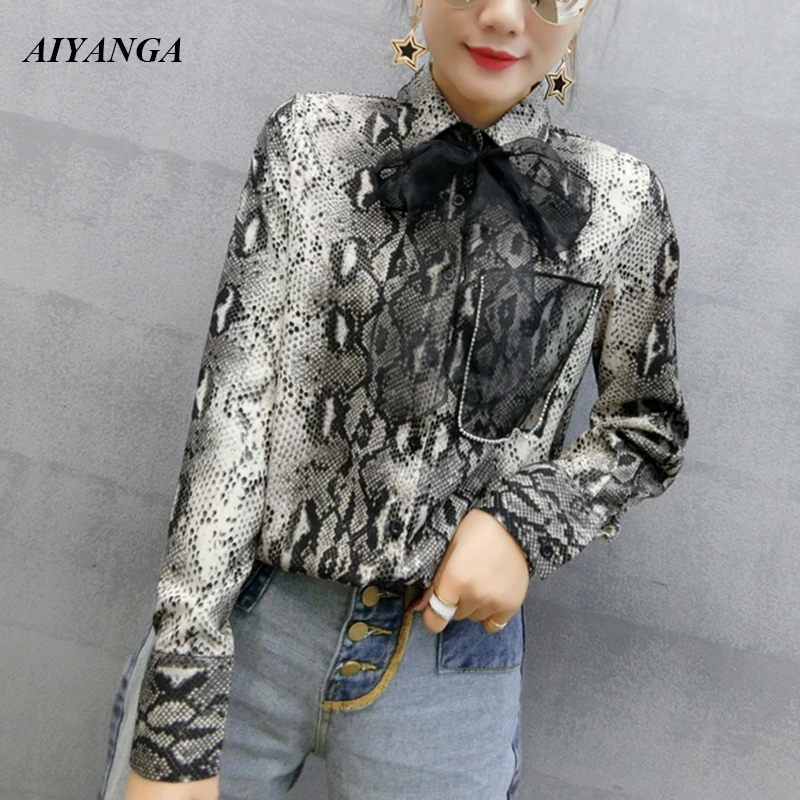 Beading Leopard Blouses Womens Top and Blouse long Sleeve Shirts 2019 Spring Shirt Fashion Lace Up Bow Personality Shirts Femem