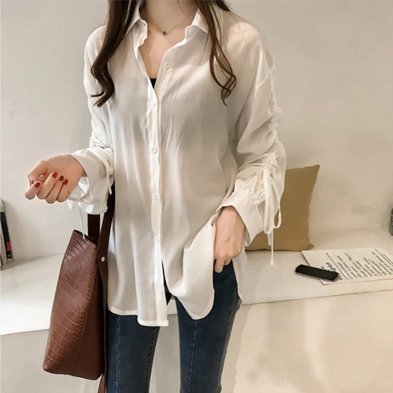 

Casual Female Shirt Loose Button Blouse Elegant Ladies Top Women Drawstring Long Sleeve Blouse