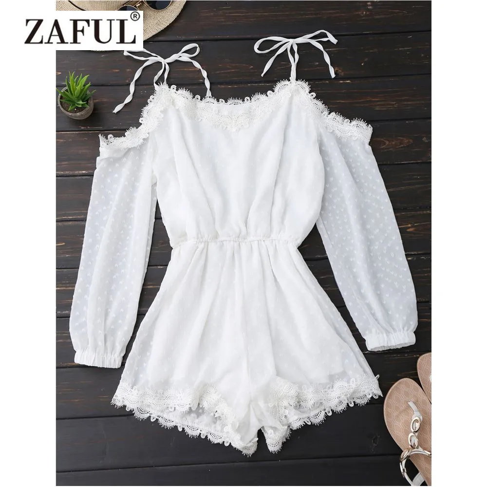ZAFUL Cover Ups комбинезон с завязками на плечах и кружевной отделкой комбинезон с точечной пляжной прочный комбинезон для женщин Пляжная накидка Voaction Romper