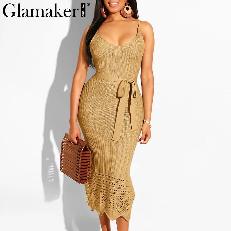 Camel Glamaker, вязаный крючком ремень, v-образный вырез, сарафан, женское, летнее, элегантное, на шнуровке, с поясом, бодикон, праздничное, макси платье, женская уличная одежда, сексуальное платье - Цвет: Camel