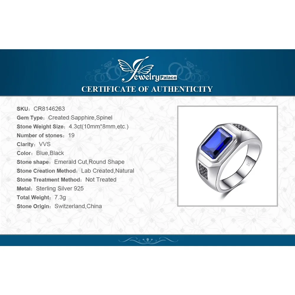 

JewPalace 4.3ct Black Spinel Created Sapphire Ring 925 Sterling Silver Rings for Men Wedding Rings Silver 925 Gemstones Jewelry