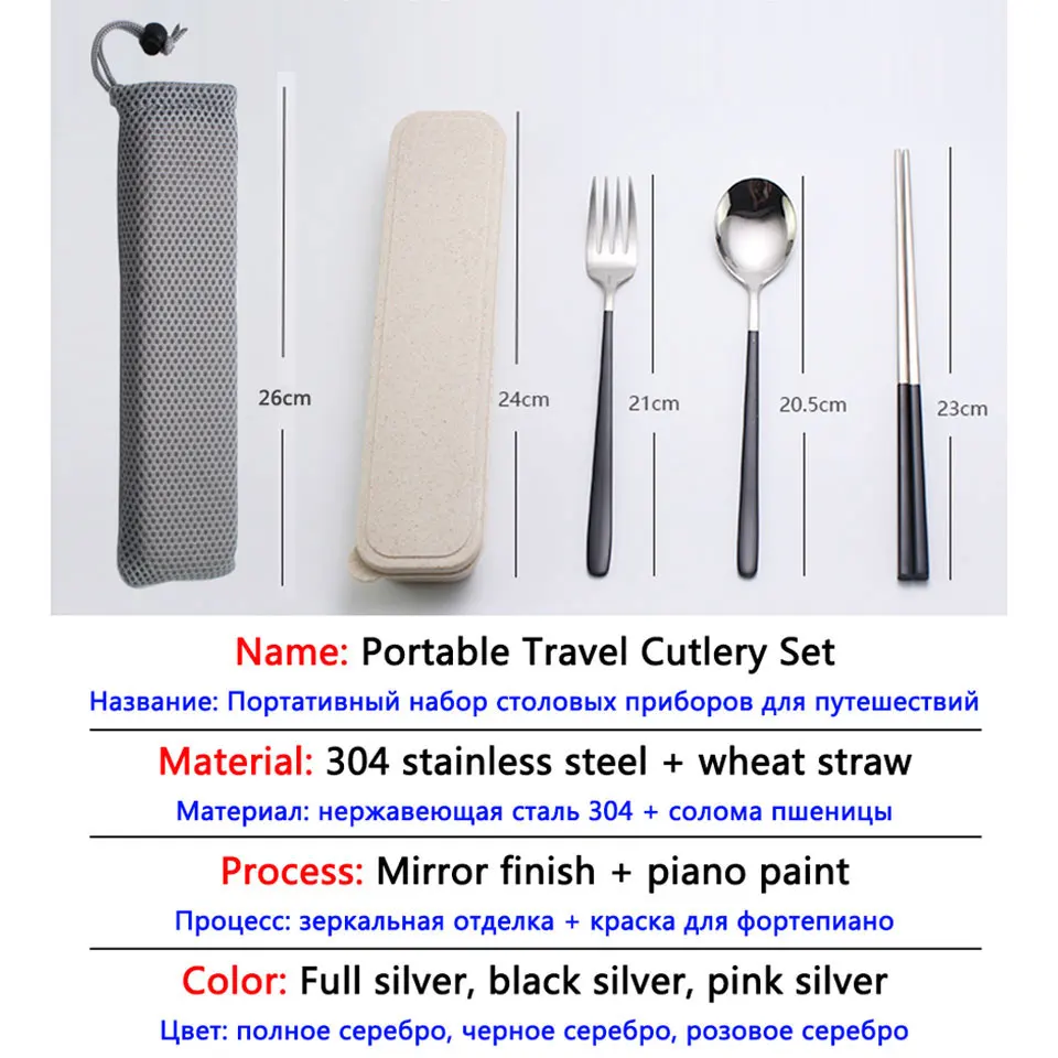 

Korean Portable Cutlery Set 304 Stainless Steel Tableware Spoon Chopsticks Fork With Wheat Straw Box Travel Dinner Dinnerware
