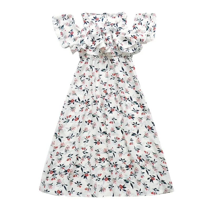 Summer Baby Girls Beach Long Dresses Off Shoulder Floral Print Bohemian Style Beige Chiffon Dress For4 6 8 10 to 12 Years 12C28A | Детская