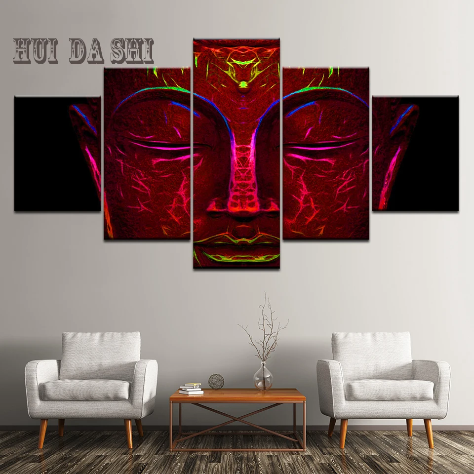 Печатные картины живописи на стене модульного постера 5 панелей Лицо статуи Будды современный холст для гостиной Рама HD Домашний декор.
