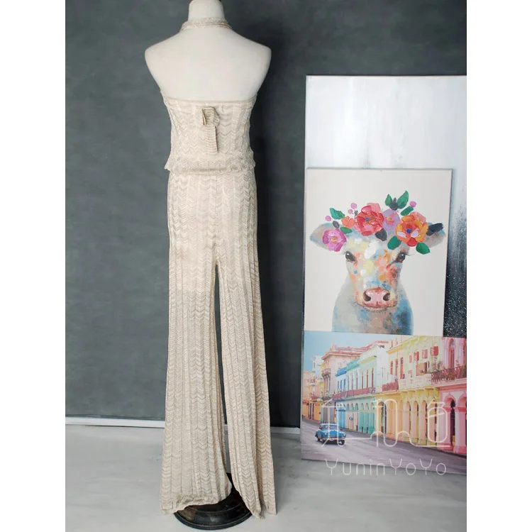 YUNINYOYO  High-grade glittering golden metal wire Perspective neck-tied corrugated knitted women long pants with lining summer