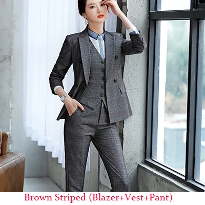 Brown Pant Suits 3 Женские полосатые костюмы высокого качества, рабочие брючные костюмы, офисные женские деловые костюмы, жилет, блейзер и брюки, комплект из 3 предметов - Цвет: Brown Pant Suits 3