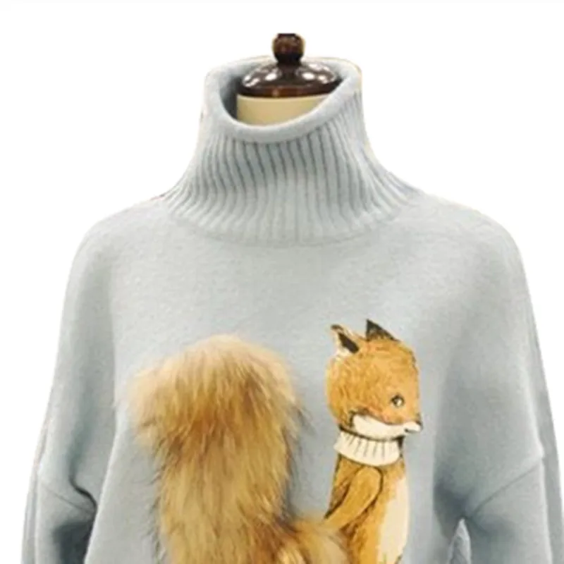 Женский свитер с лисьим хвостом вязаный пуловер высоким воротником осень 2019 |