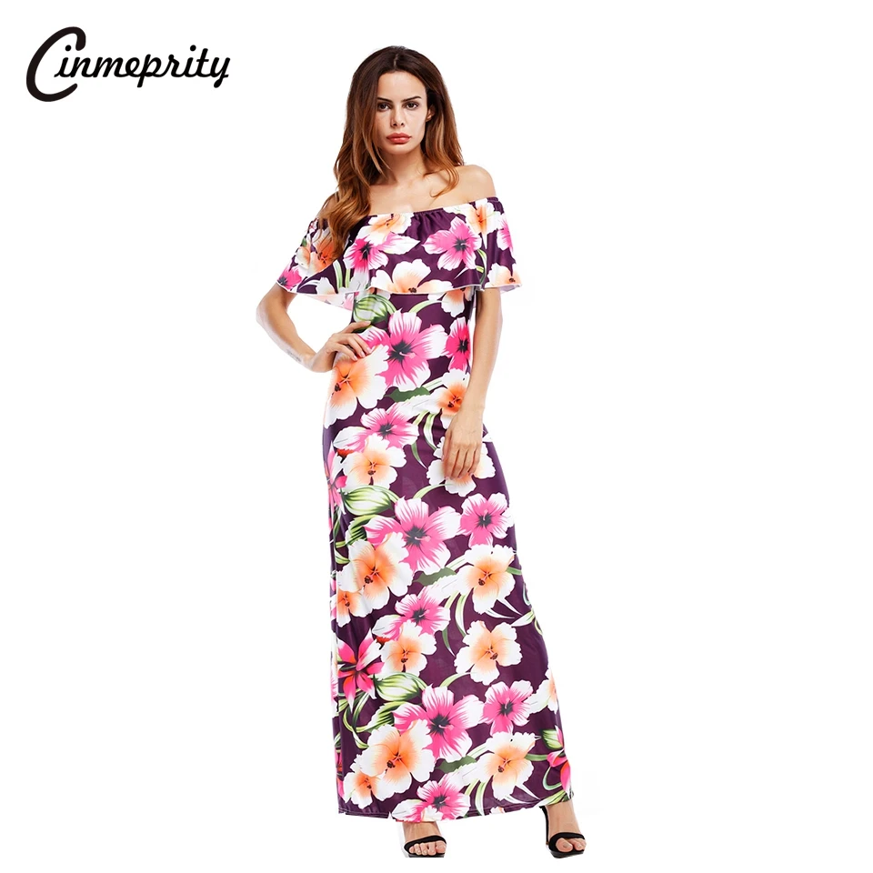 2017 Cinmeprity Boho Длинное Платье Цветочный Принт С Плеча Женщины Лето Пляжный Отдых
