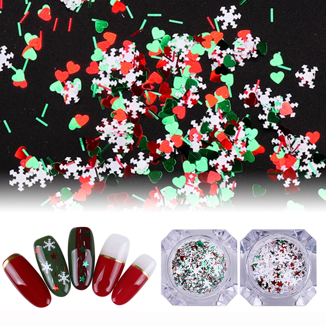 Xmas Nail красный зеленый Звезда Сердце и в полоску с белыми Снежинка смешивания Цвет Форма Flake Nail Блестки блестка Рождество декоры