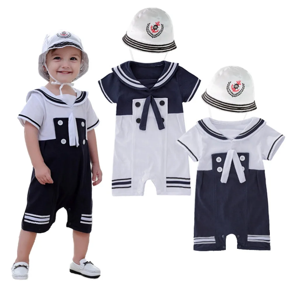2 Pcs Baby Boy Sailor Jumpsuit Marine Navy Short Sleeve Romper + Hat Outfit Sets Suit for 2-18 Months |