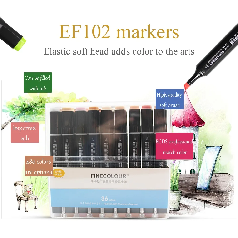 Finecolour EF102 480 цветов чернила на спиртовой основе мягкая кисть набросок