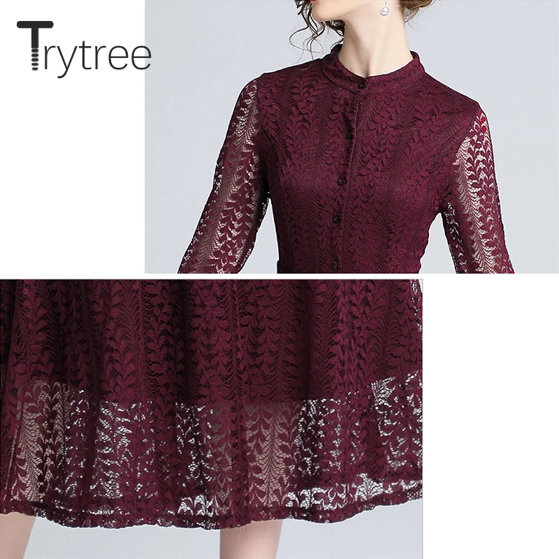 Женское кружевное платье Trytree однотонное темно красное офисное трапециевидной
