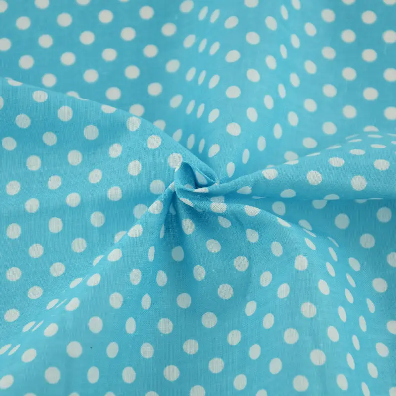 Ткань небесно голубой с принтом в белый горошек текстиль Лоскутная