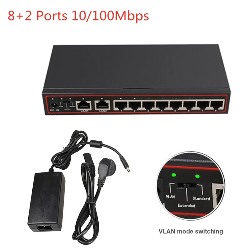 Сеть SPOE переключатель 8+ 2 Порты и разъёмы 10/100 Мбит/с SPOE Мощность Over Ethernet PoE коммутатор для IP камер AP VoIP сети Vlan умный переключатель дистанционного управление напряжением 15 Вт