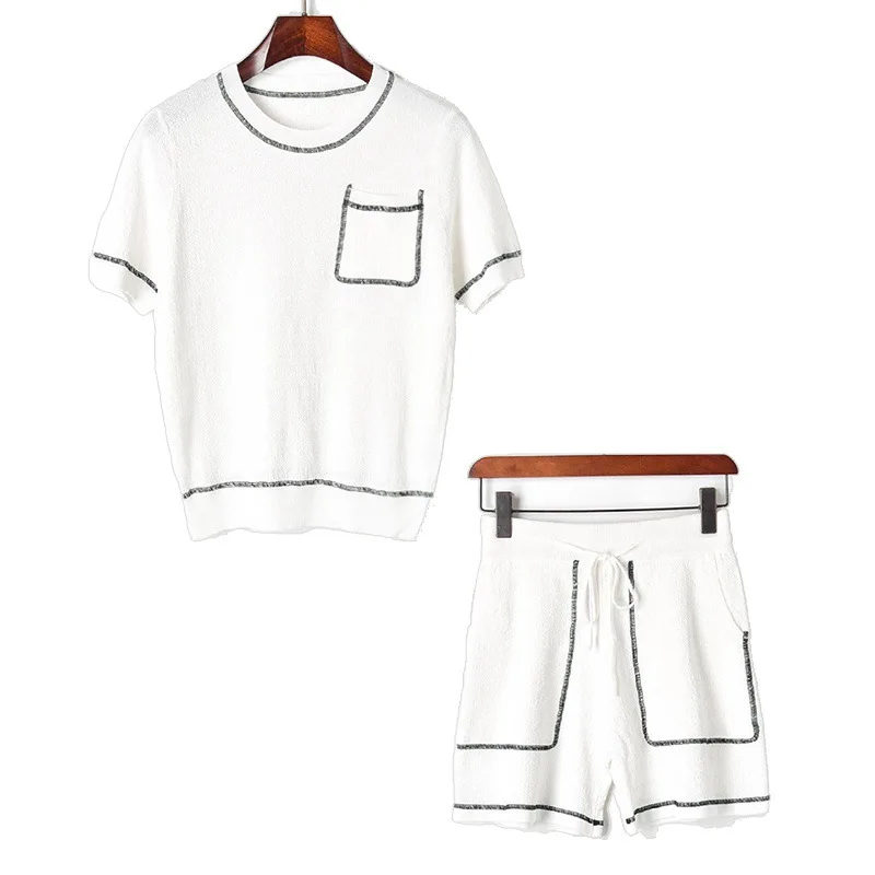 Fashion New 2019 Summer Women's Suits Two pieces Pocket Knitted T-shirt Shorts Feminine Sweet Solid Outfits Pullover Pants Set |