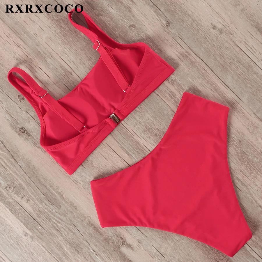 RXRXCOCO Одноцветный купальник бикини с высокой талией, женский купальник размера плюс, комплект бикини, сексуальная женская пляжная одежда, Мягкий купальник