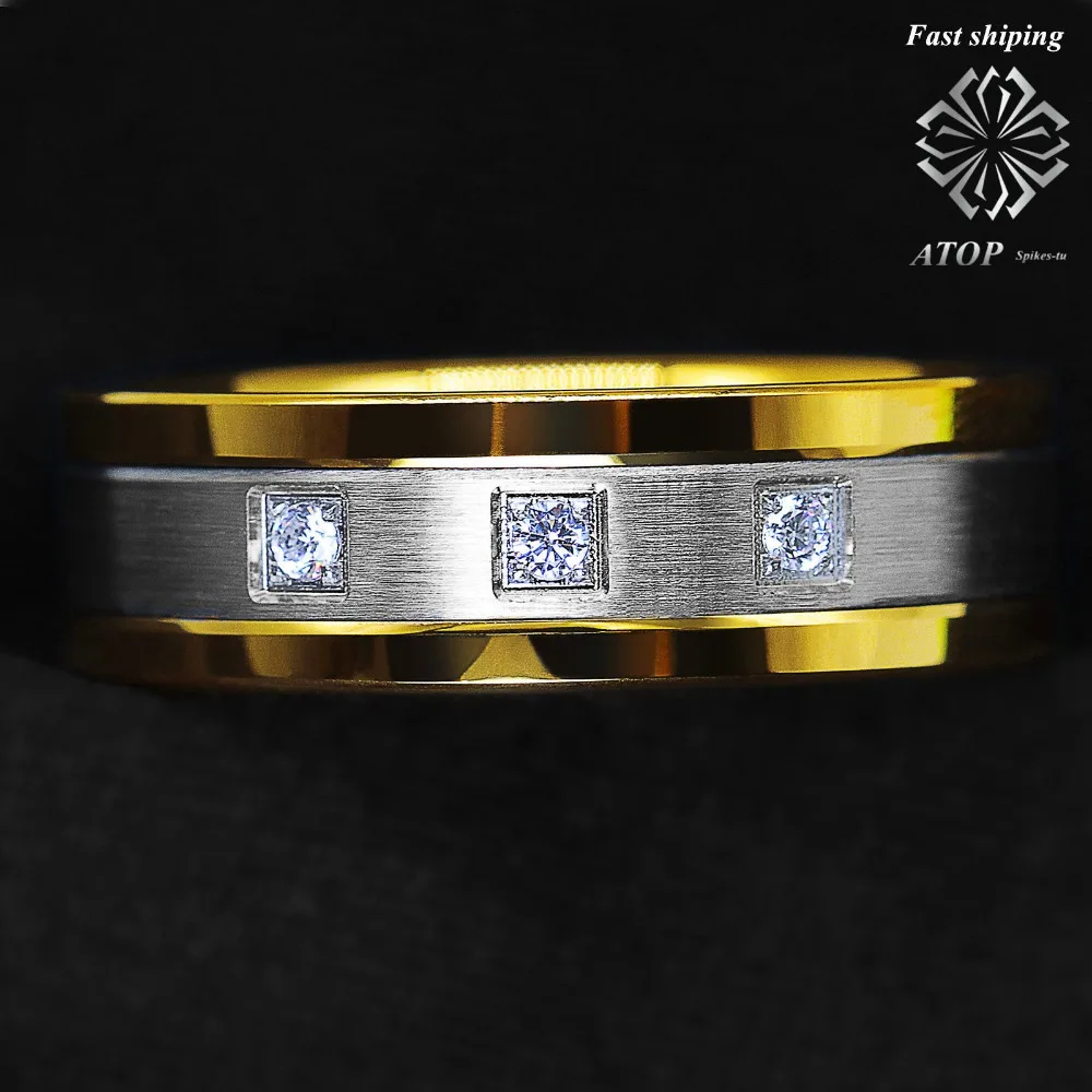 Серебряное вольфрамовое кольцо 8 мм с матовым покрытием 18K золотые бриллианты
