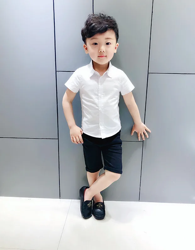 Baby Boy Shirts Summer 2018 Short Sleeve Cotton White for Boys Handsome Wedding Party Gentleman Top England Style |