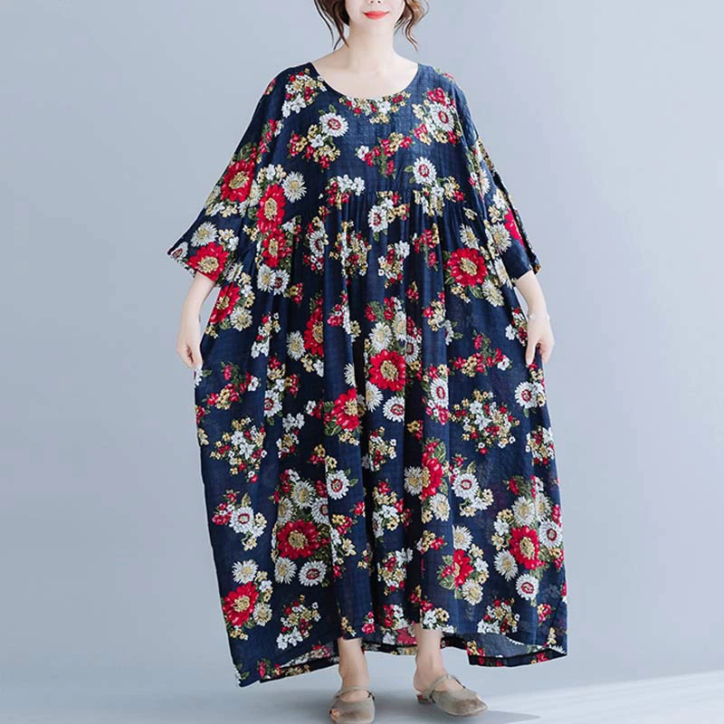 Женское платье макси с цветочным принтом большие хлопковые Свободные