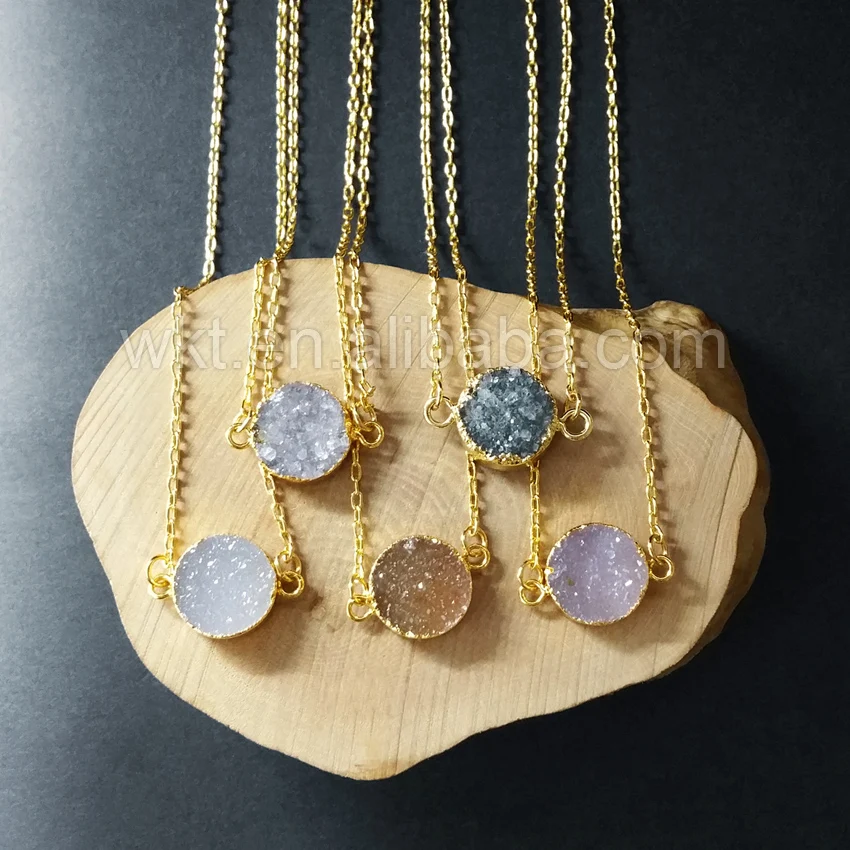 

WT-N732 Wholesale tiny round shape druzy necklace double loops gold color necklace for women