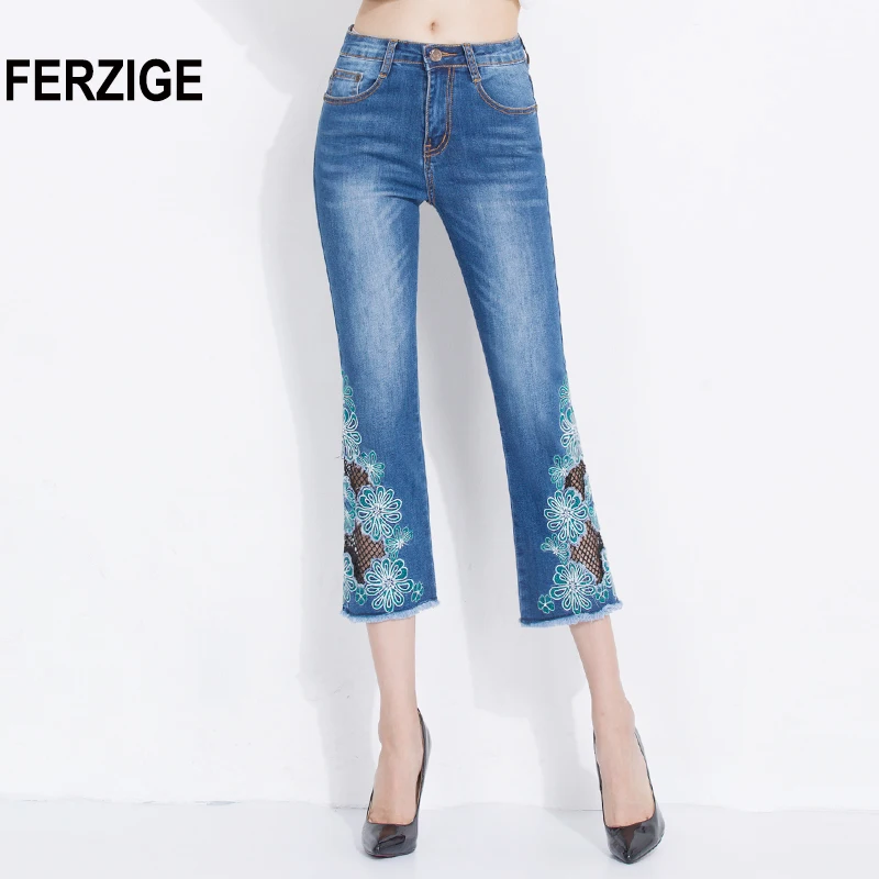 Женские джинсы с дырками FERZIGE летние тонкие расклешенные брюки цветочной