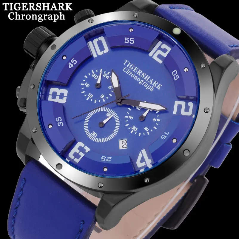 TIGERSHARK мужские спортивные часы кварцевые Топ бренд хронограф кожаный ремешок