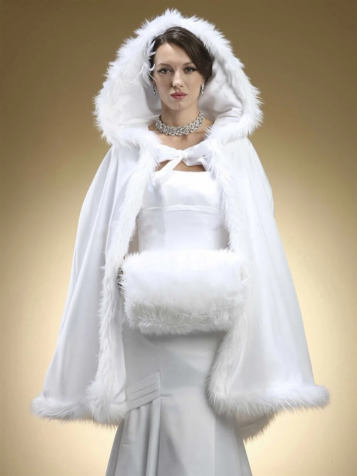 

2021 Winter Wedding Cloak Cape Custom Made Hooded with Faux Fur Trim SHORT for Bride Satin Jacket
